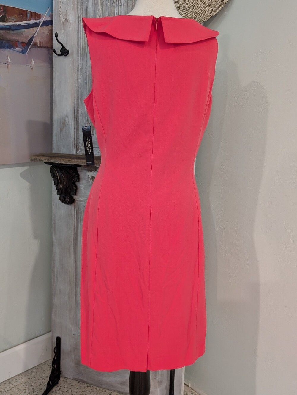 NWT Tahari Coral Pink Sleeveless Ruched V-Neck Midi Dress - Picture 3 of 8